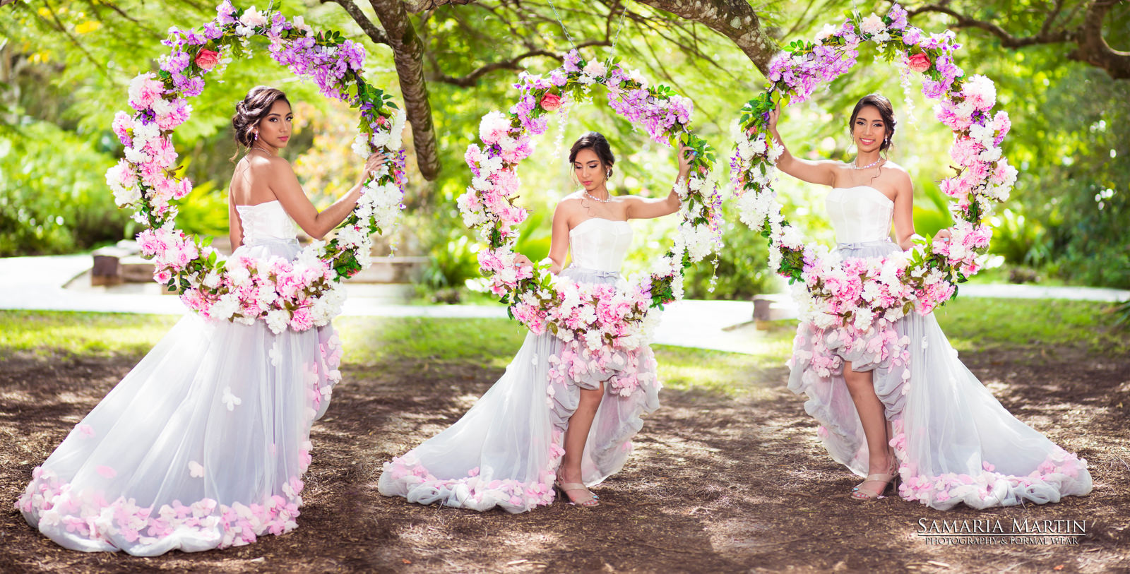 quinceanera with flowers, samaria martin photography, quinceaneras dresses in Miami, Miami dress rental, quince photography near me