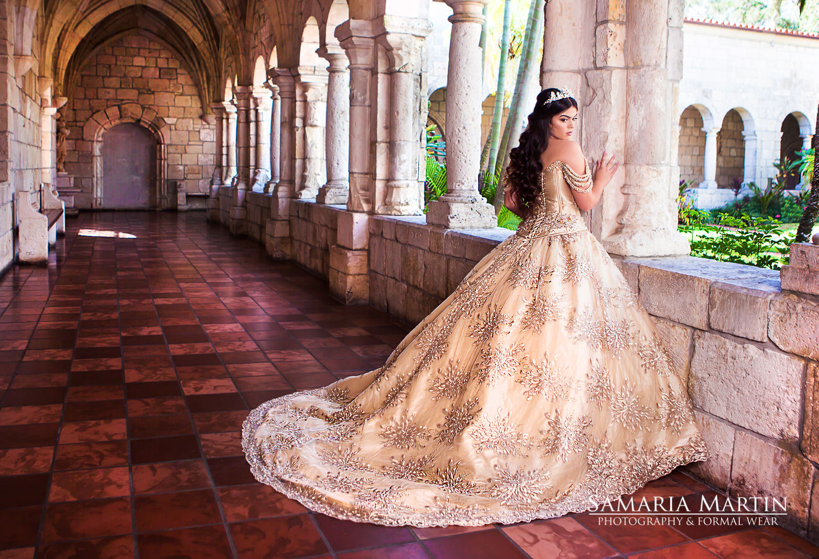 samaria martin qINCE PICTURE IDEAS MIAMI Ragassa dress, Spanish monastery miami quince ideas