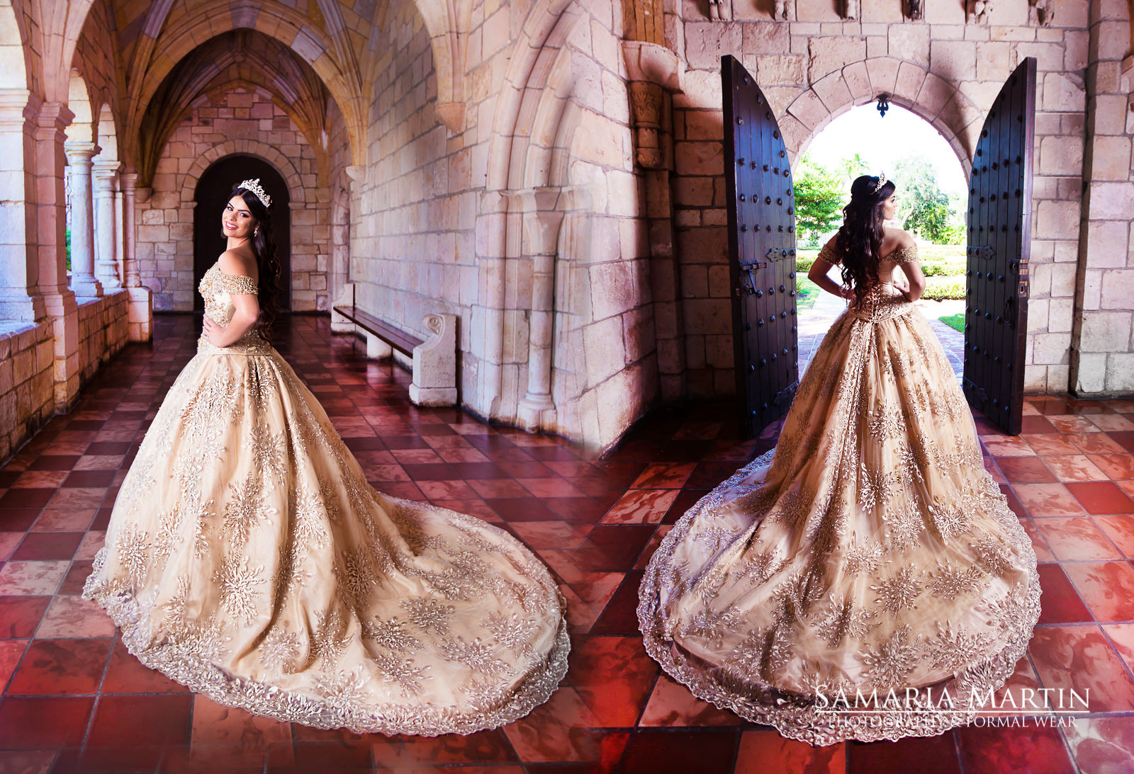 samaria martin qINCE PICTURE IDEAS MIAMI Ragassa dress, Spanish monastery miami quince ideas