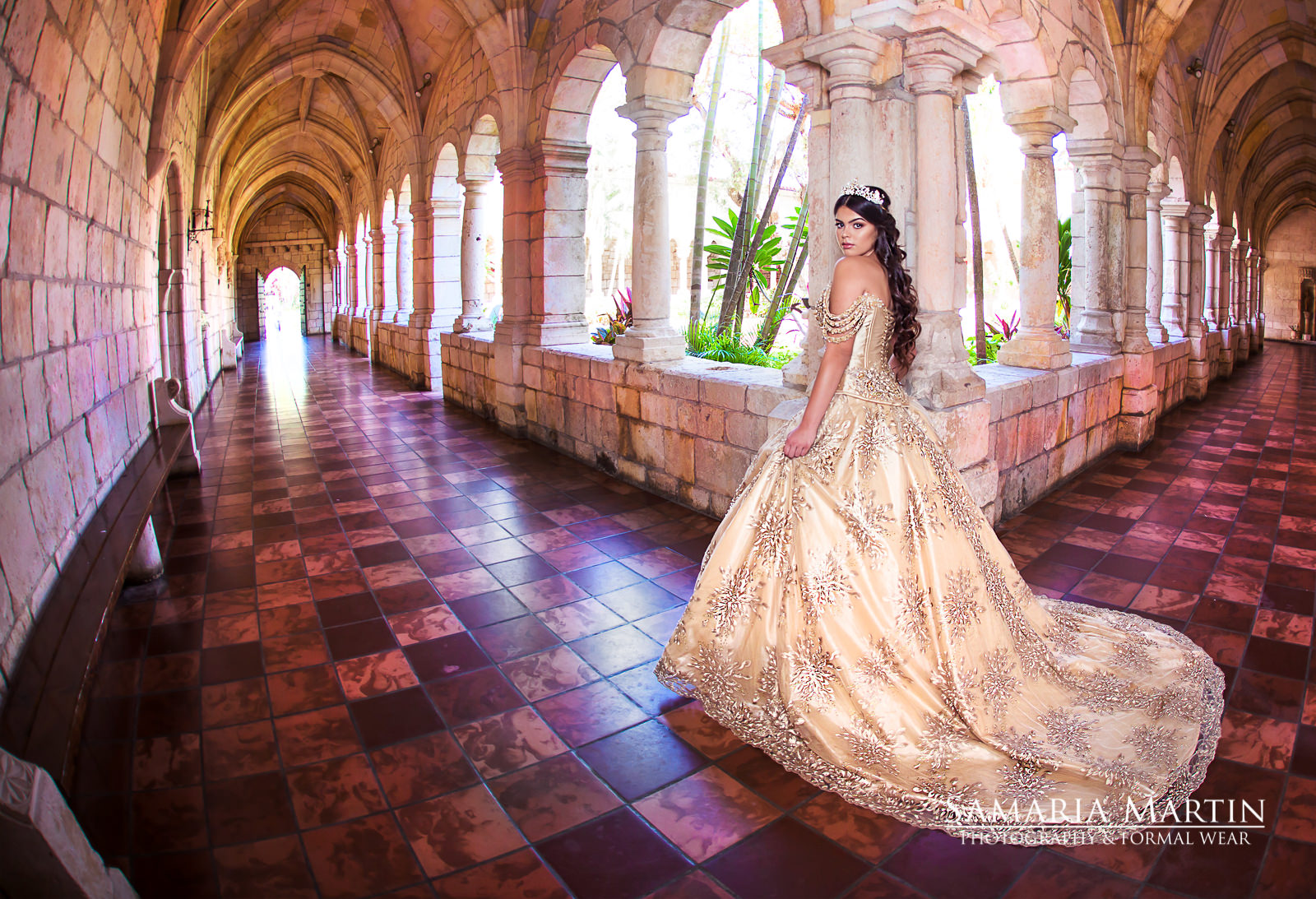 samaria martin qINCE PICTURE IDEAS MIAMI Ragassa dress, Spanish monastery miami quince ideas