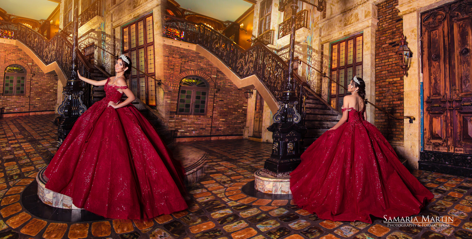 Best photos with red dress in staircase, cheap quinceañera dresses, exclusive photos with Samaria Martin