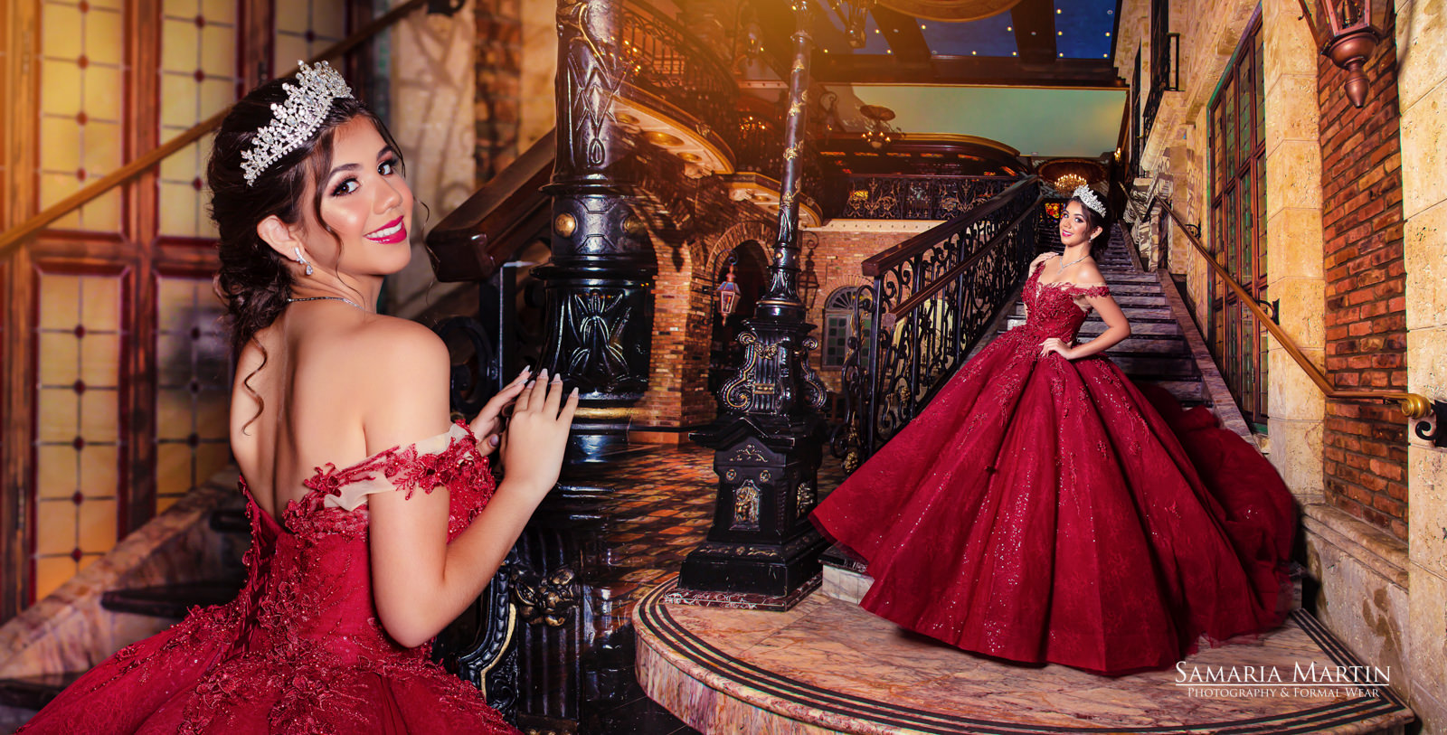 Quinceanera photos on stairs, best quinceanera photos with red dress, quinceaneras en Cruz Building