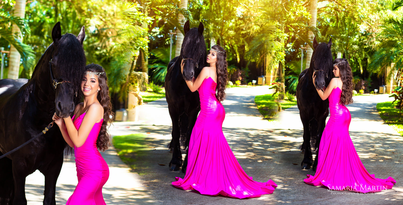 Exclusive quinceaneras photos with horse in garden, pink quinceanera dresses, Samaria Martin photographer, fotos de quinceaneras en Miami