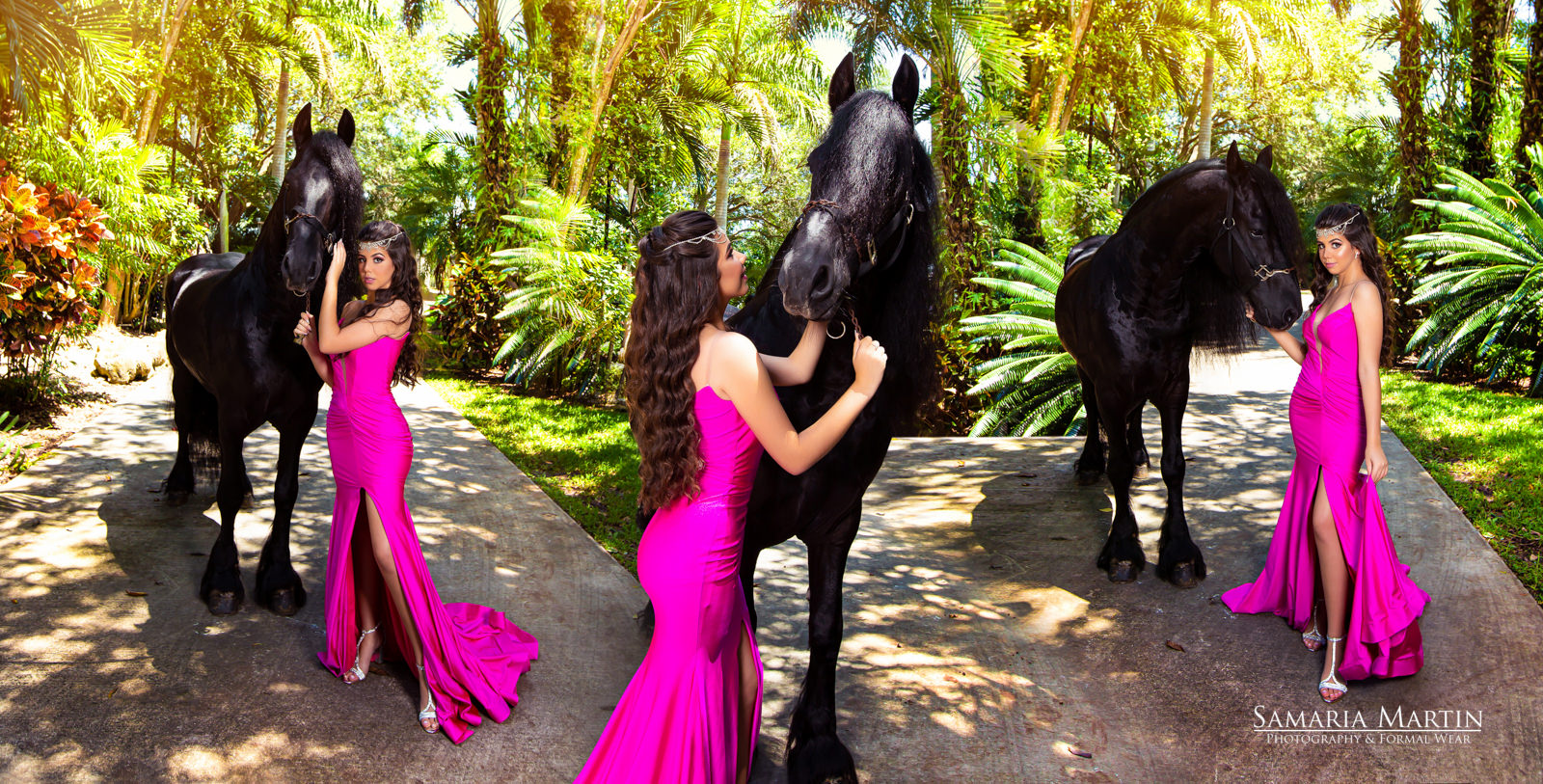 Quinceanera pink dress, quinceanera photoshoot with horse, best quinceaneras photos, fotos de quinceaneras en Tampa, fantastic 15, Samaria Martindress, garden with horse, quinceaneras photos, fotos en Tampa, fantastic 15, Samaria Martin