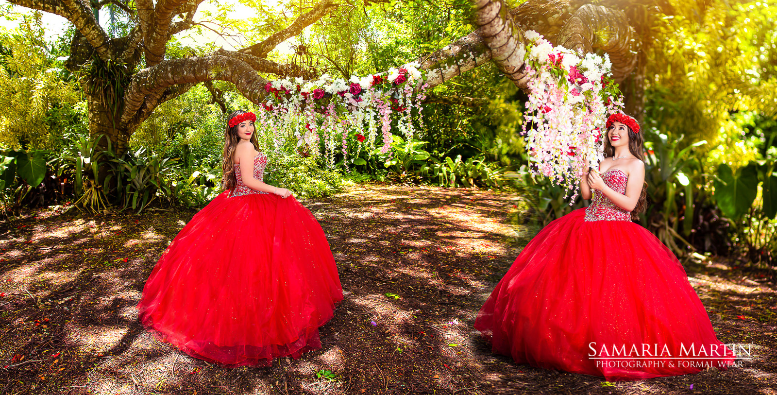 Photosession in the garden, quinceanera with red dress, magic photos quinces, Morilee dress for rent, coleccion de quinceanera