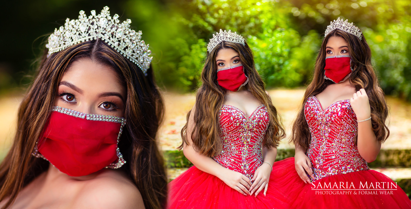 Photos quinceaneras with mask, exclusive photos with red dress, best quinces photographer, alquiler de vestidos en Florida, beautiful photos quinces