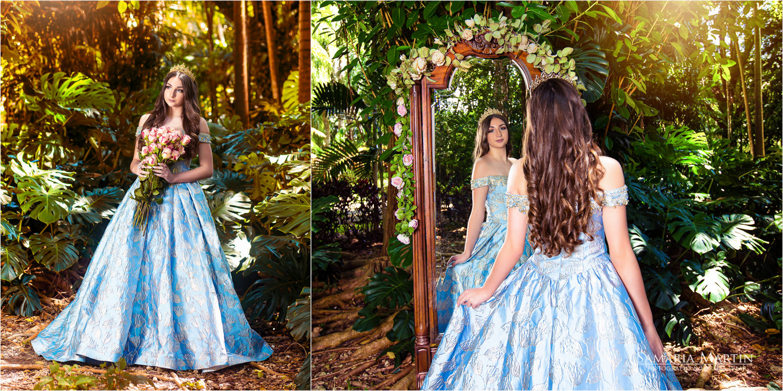 Quinceanera photo in garden, quinceanera with blue dress, Marys Bridal dress, quince photoshoot, vestidos de quince en Miami