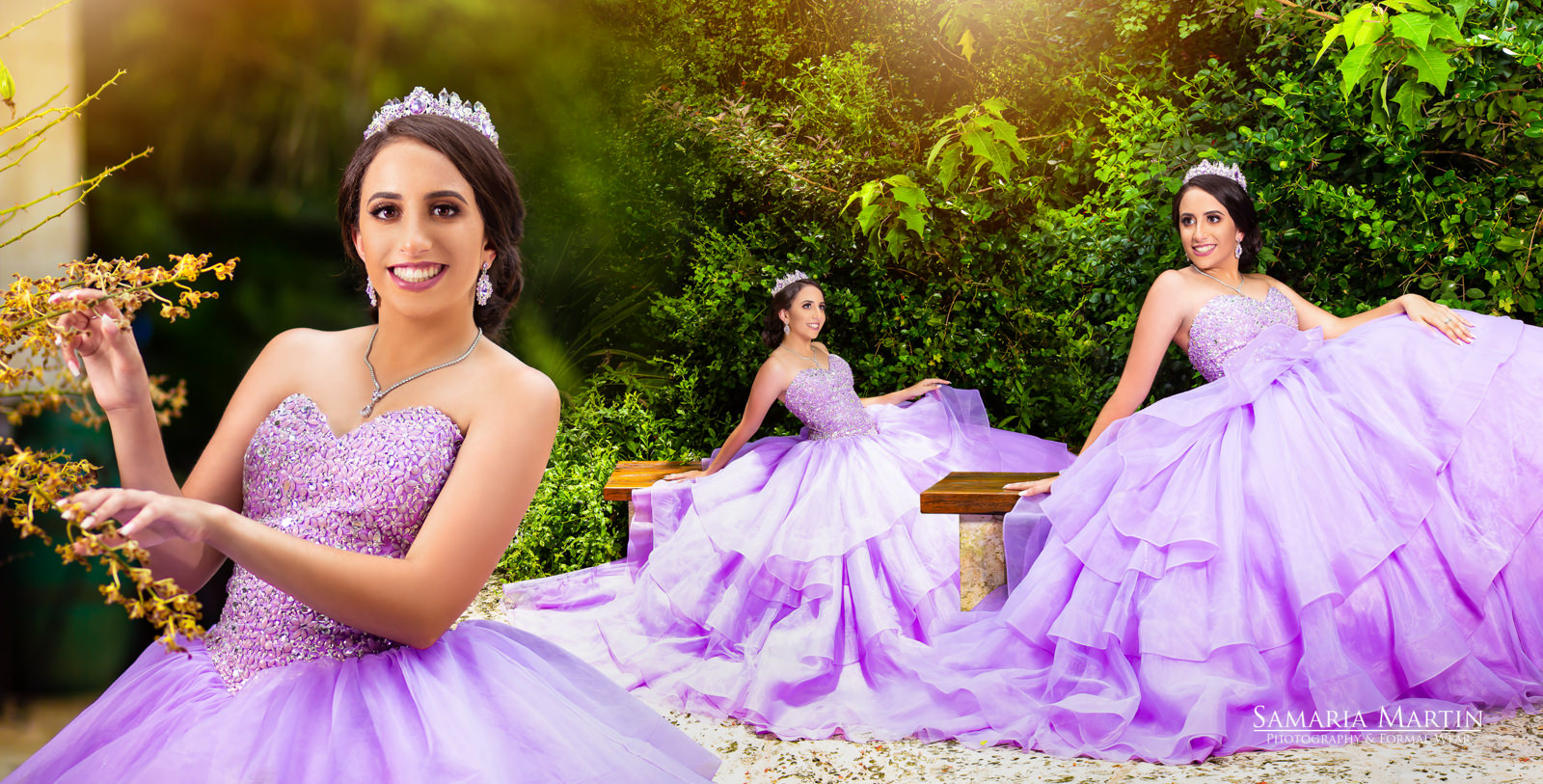 Quinceanera photos with violet dress, quinceanera in garden, exclusive photoshoot, quince dress boutique, vestidos Morilee