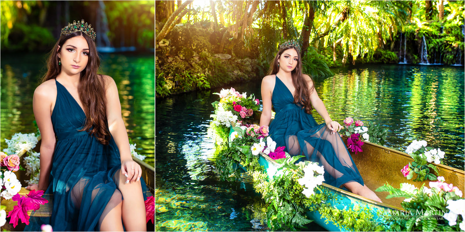 Quinceanera in Secret Garden, quinceanera with flowers, quinceanera photoshoot in a lake, sweet 15, Marys Bridal dresses