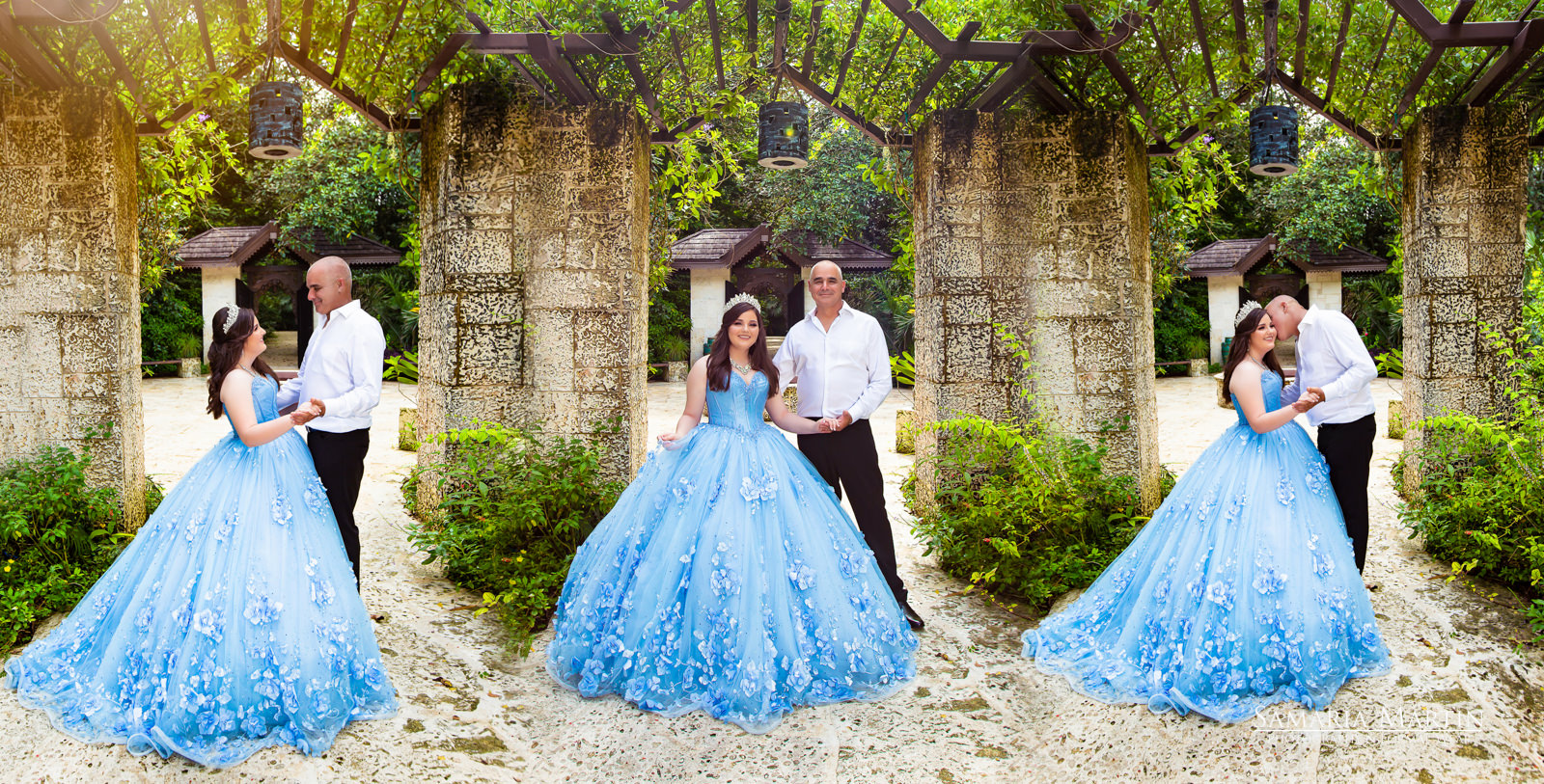 Quinceanera photo with father, quinceanera photo with family, quinceanera con vestido azul, fifteen dress rent, Morilee dress