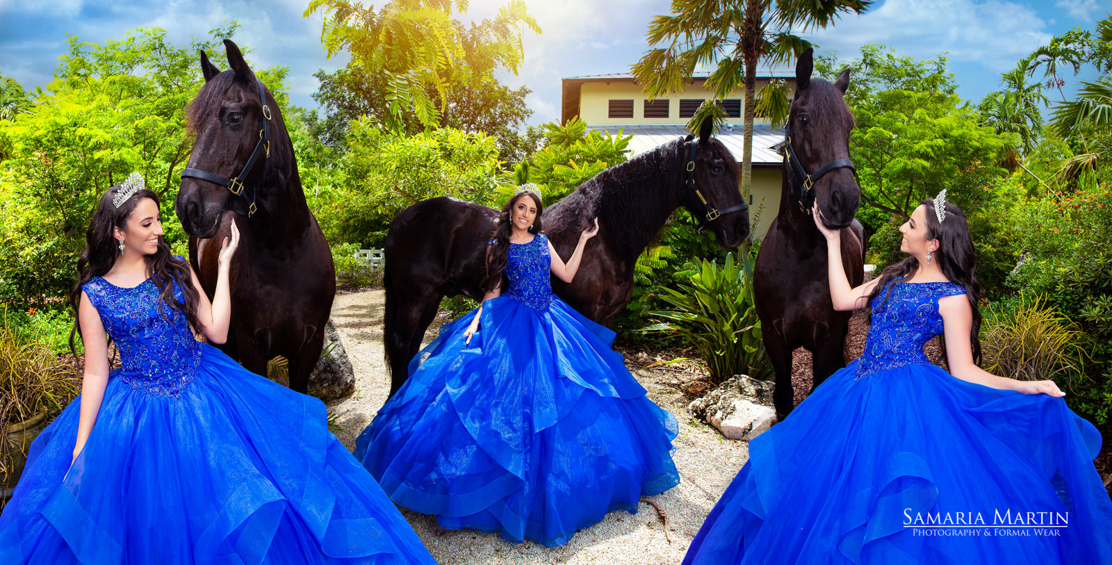 Photoshoot with black horse, quinceanera with blue dress, quinceaneras in Tampa, best photographer near me, fotos en Tampa