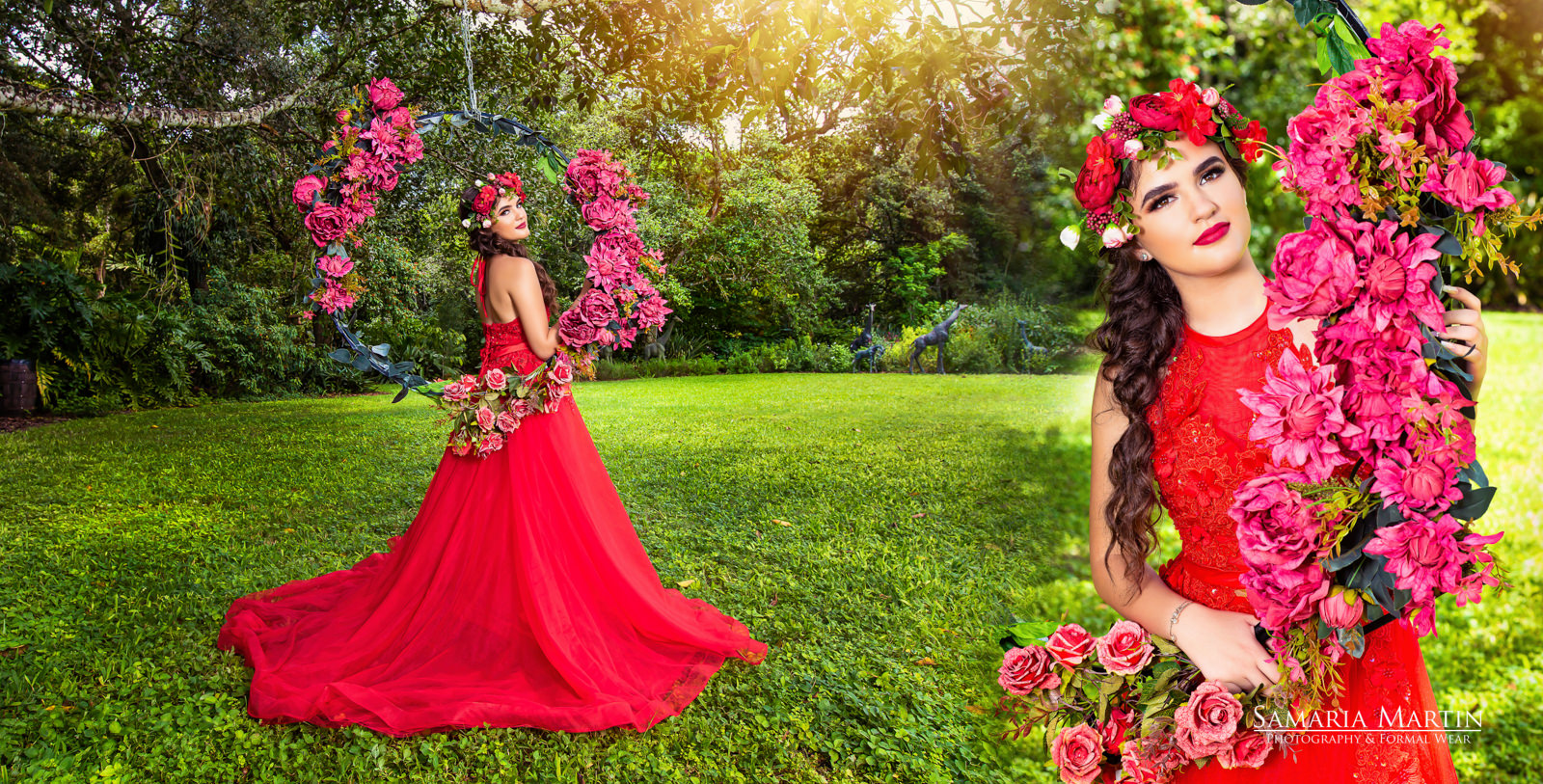 Quinceanera photos in garden, quinceanera with flowers, Miami quinces photography, photoshoot quinceaneras, quince photo session