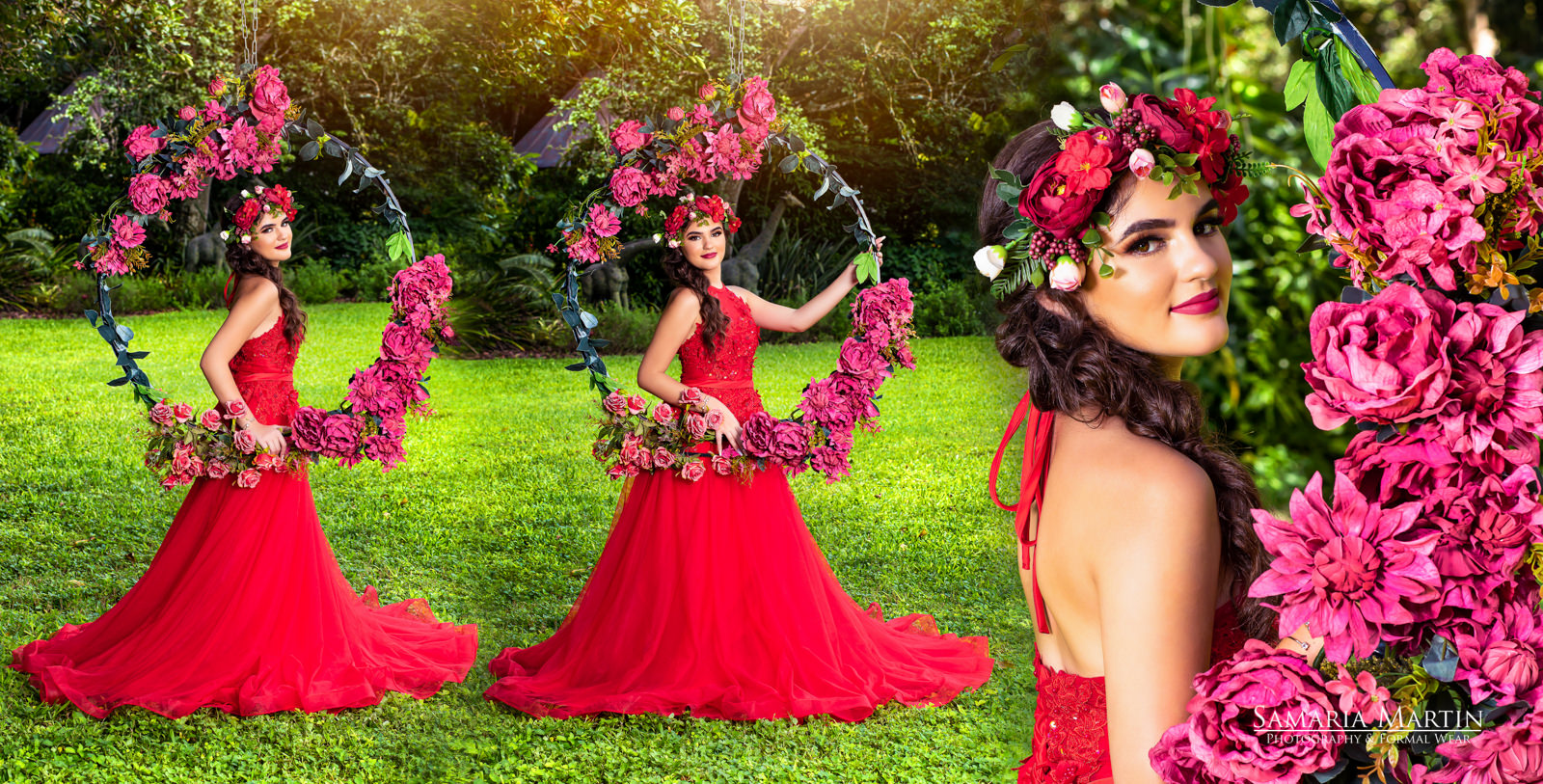 Photos in garden with flower hoop, Miami dress rental, best Miami photographer, mejores sesiones de fotos para quinceaneras en Miami, Morilee dresses