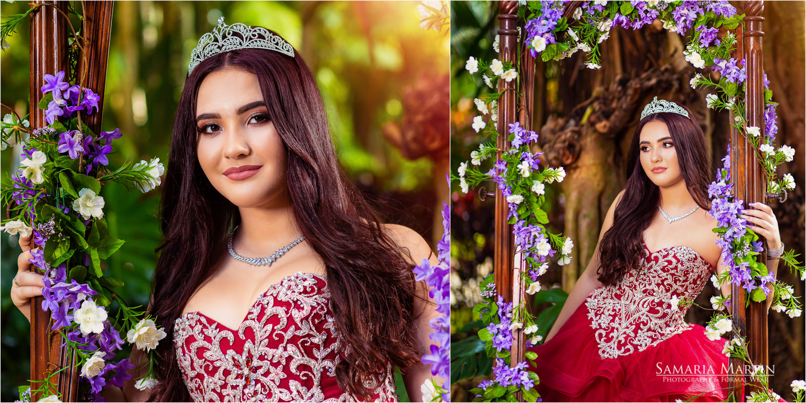 Quinceanera photoshoot with flowers, gown rental, quinceanera dress store, quince dress boutique, best Tampa photographer