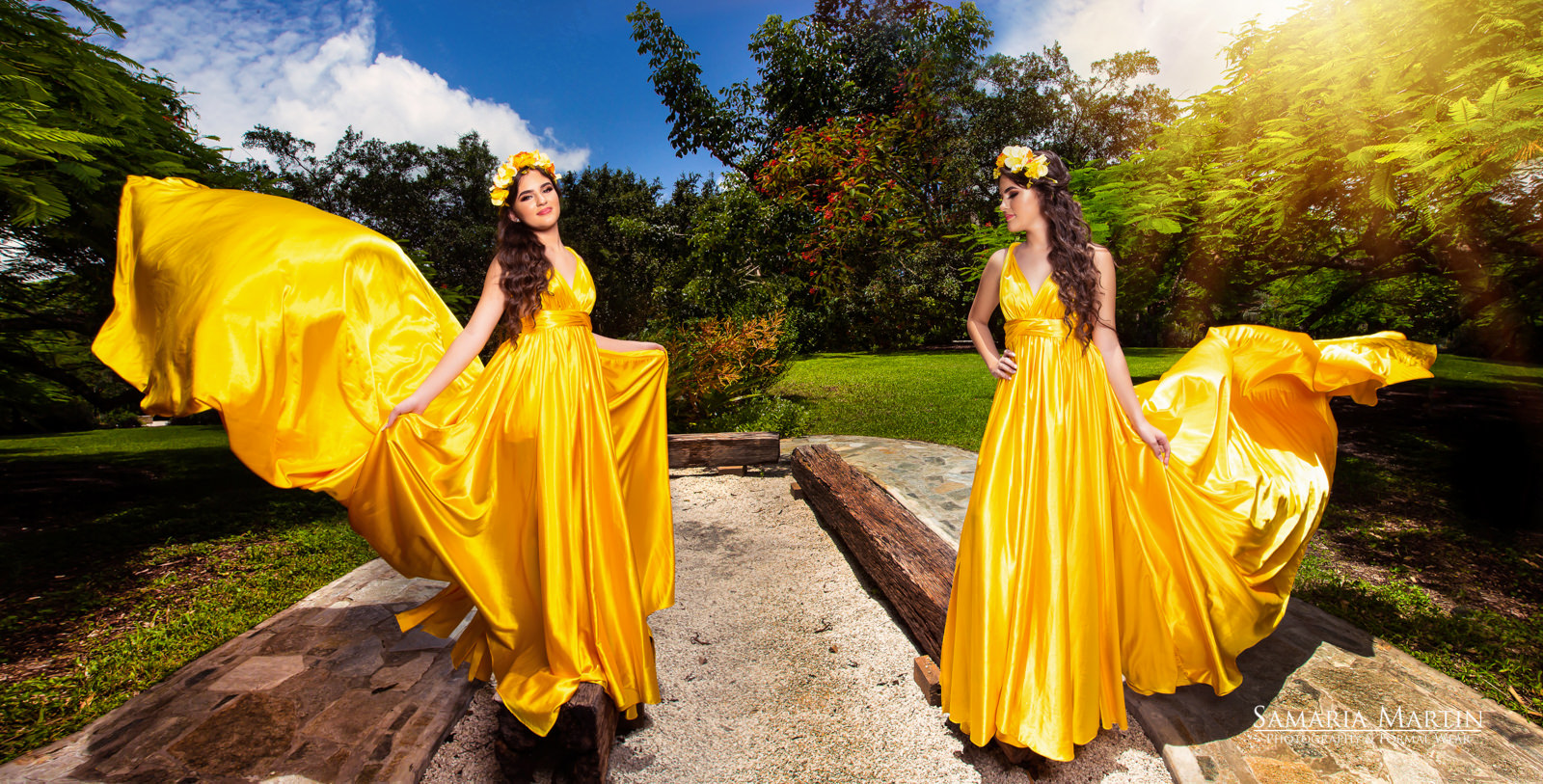 Quinceanera with flying dress, yellow quinceanera dresses, Samaria Martin photographer, fotos de quinceaneras en Miami, best Miami quinceanera photos