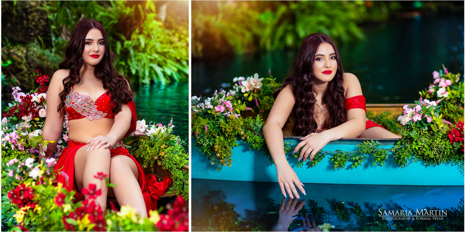 Photos quince with flowers, quinceanera in the boat, photoshoot in Secret Garden, quinceanera in blue lake, photos quince
