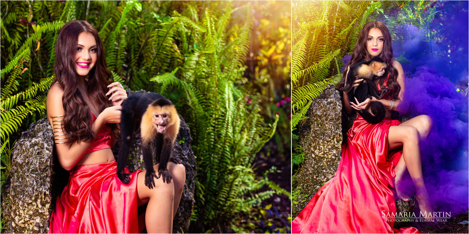 Photos with animals, quinceanera with monkey, exclusive photos in the garden, dress rental in Tampa, exclusive photos