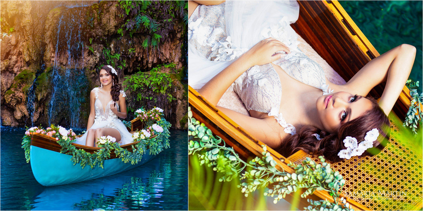 Miami quinceanera photography, quinceaneras en Secret Garden, photod in the blue lake, quinceaneras with flowers, quinceaneras best photoshoot