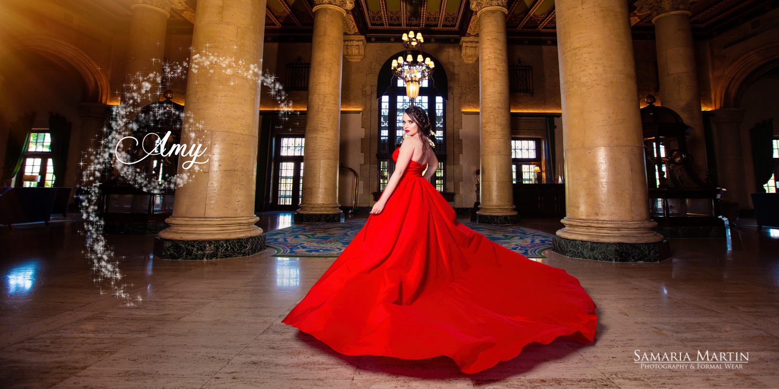 Photoshoot with red dress, photos in Biltmore, Miami dress rental, Morilee dresses, best Miami photographer