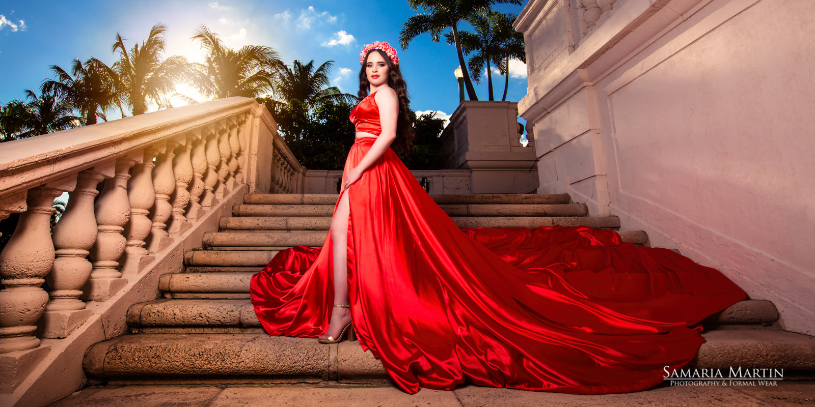 Photos in Biltmore, photoshoot with red dress, Morilee dresses, Miami dress rental, professional studio