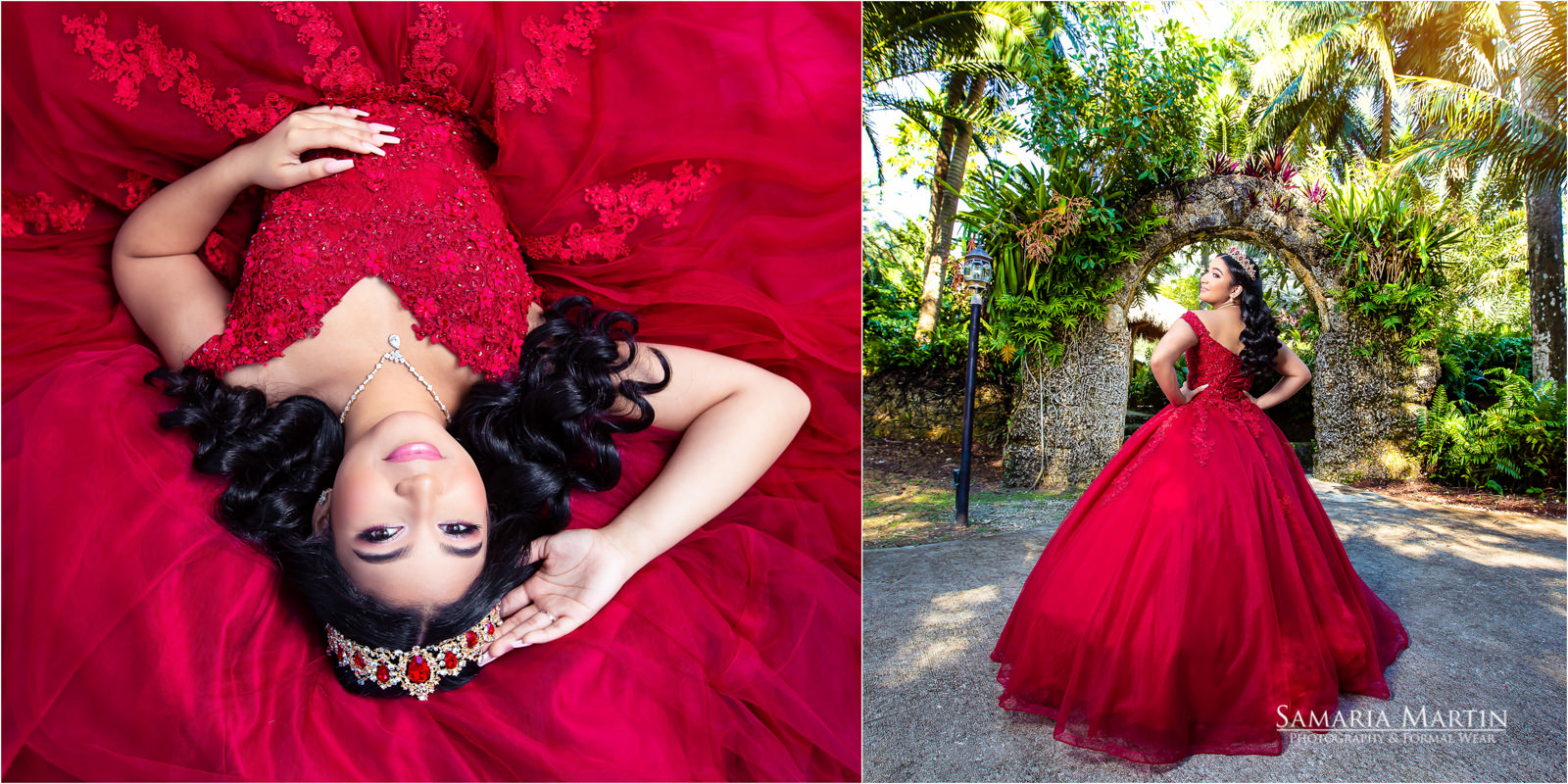 Quinceanera with red dress in garden, quinceaneras in Villa Turqueza, quince photography, quinceanera store near me, cheap quinceanera dresses