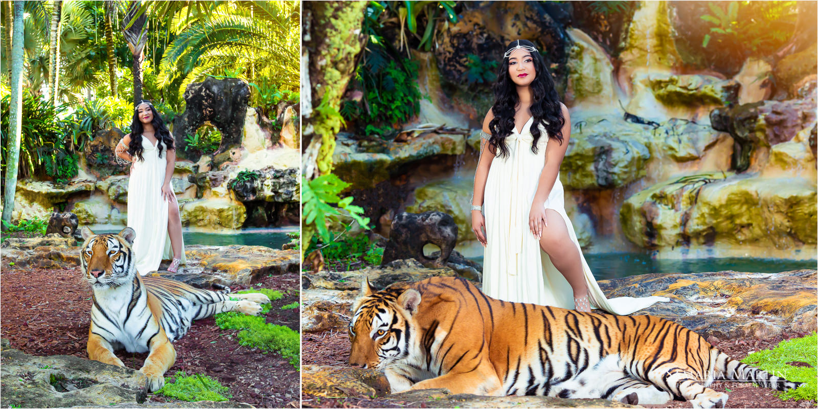 Quinceanera photoshoot with animals, quinceanera with tiger, quince dress boutique, Samaria Martin photographer, gown rental