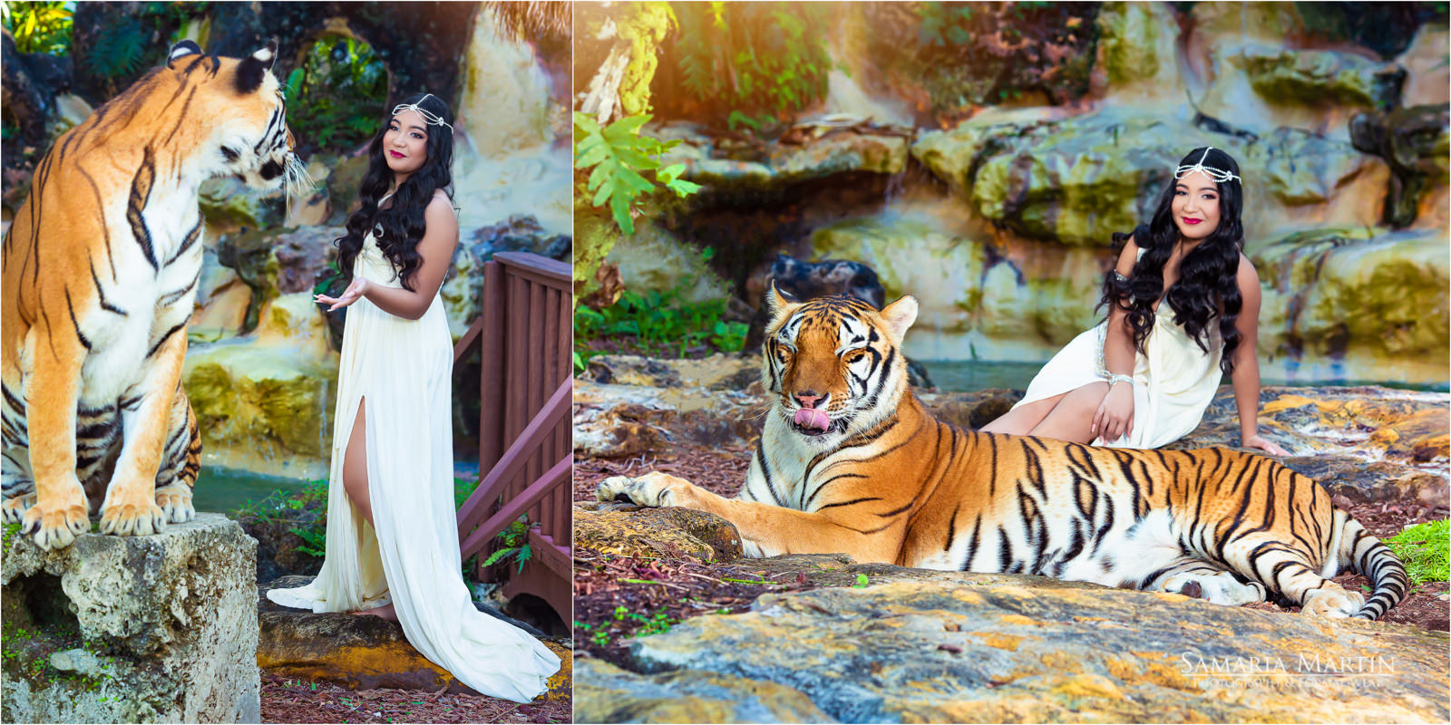 Quinceanera photoshoot with tiger, Miami dress rental, gown rental, quinceanera dress store, quince dress boutique
