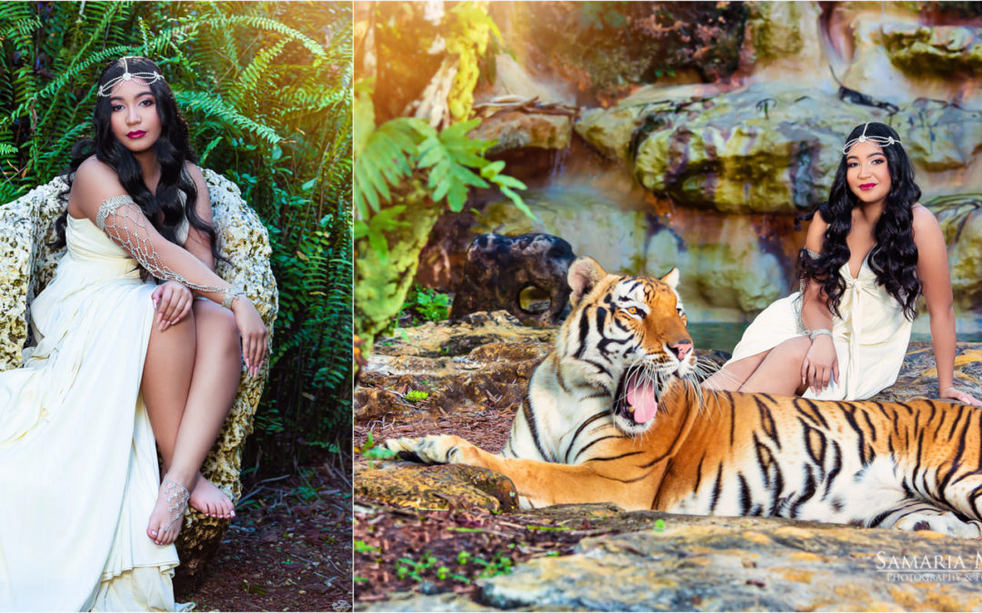 Photoshoot in Villa Turqueza with tiger, quinces photography, Samaria Martin, photography packages, fotos de quinceaneras en Miami