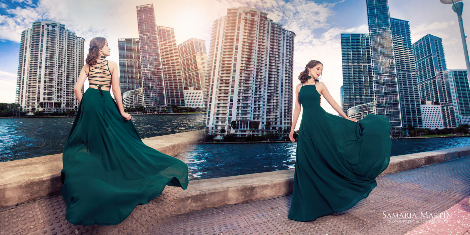 Photoshoot in Miami, quinceanera with green dress, fotos de quinceaneras en Miami, fotografos profesionales en Miami, estudios photograficos en Miami