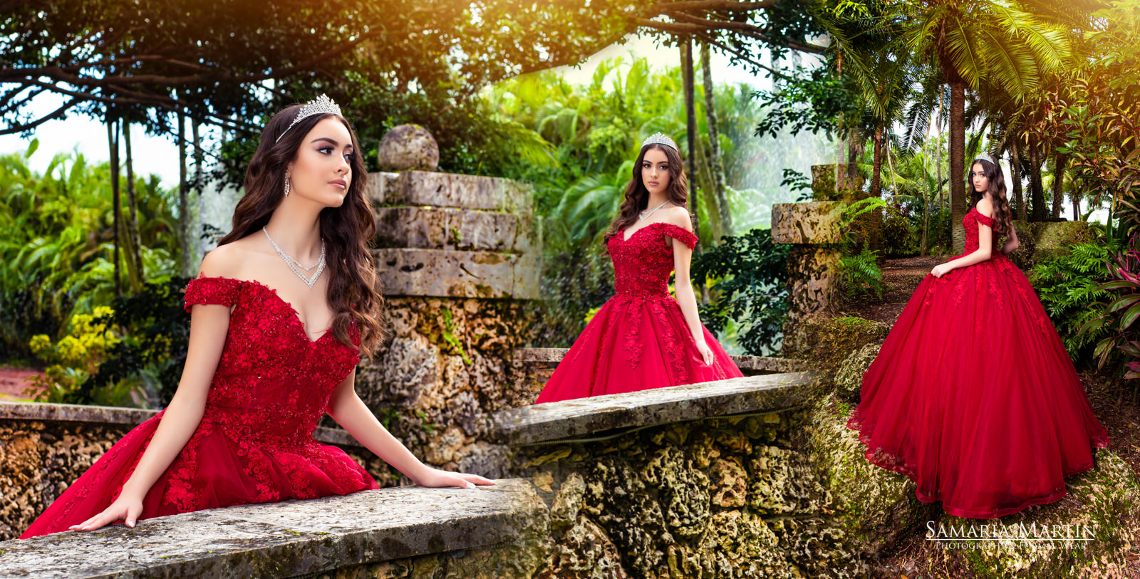 Quinceanera with red dress, Miami dress rental, gown rental, quinceanera dress store, quince dress boutique