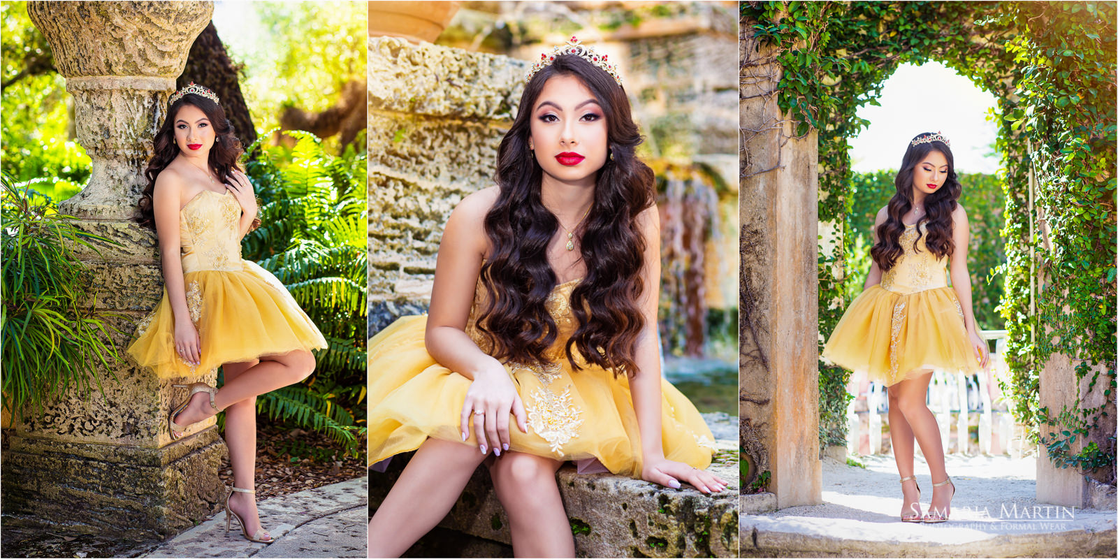 Photoshoot with yellow dress, quince photoshoot, quinceanera pictures ideas, fotografos profesionales en Miami, tienda de vestidos de quinces