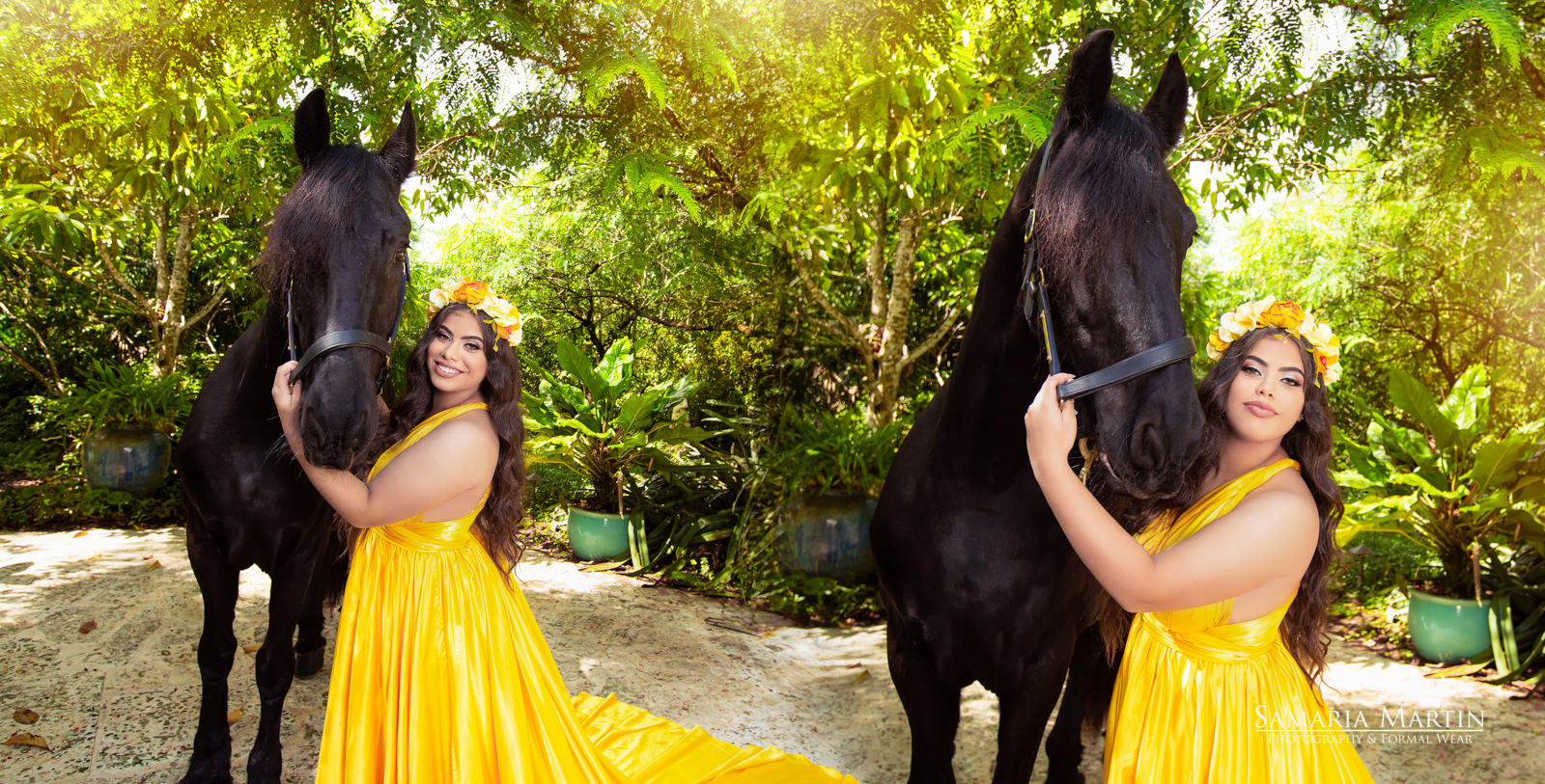 Photoshoot with horse, quinceaneras dresses, Miami dress rental, gown rental, quinceanera dress store