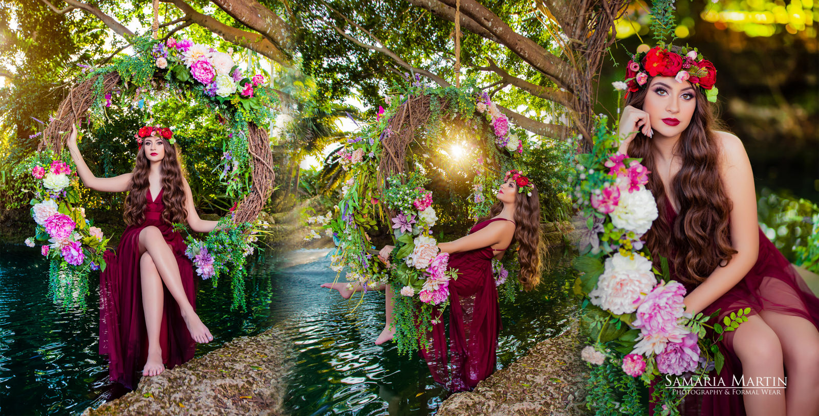 Quinceanera with flowers, quinceanera photoshoot in a lake, 15 photoshoot with flowers, best Tampa photographer, Samaria Martin 2