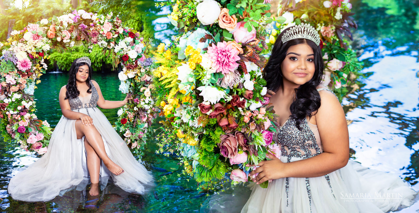 Quinceanera with flowers, quinceanera photoshoot in a lake, 15 photoshoot with flowers, best Tampa photographer, Samaria Martin Photographer 2
