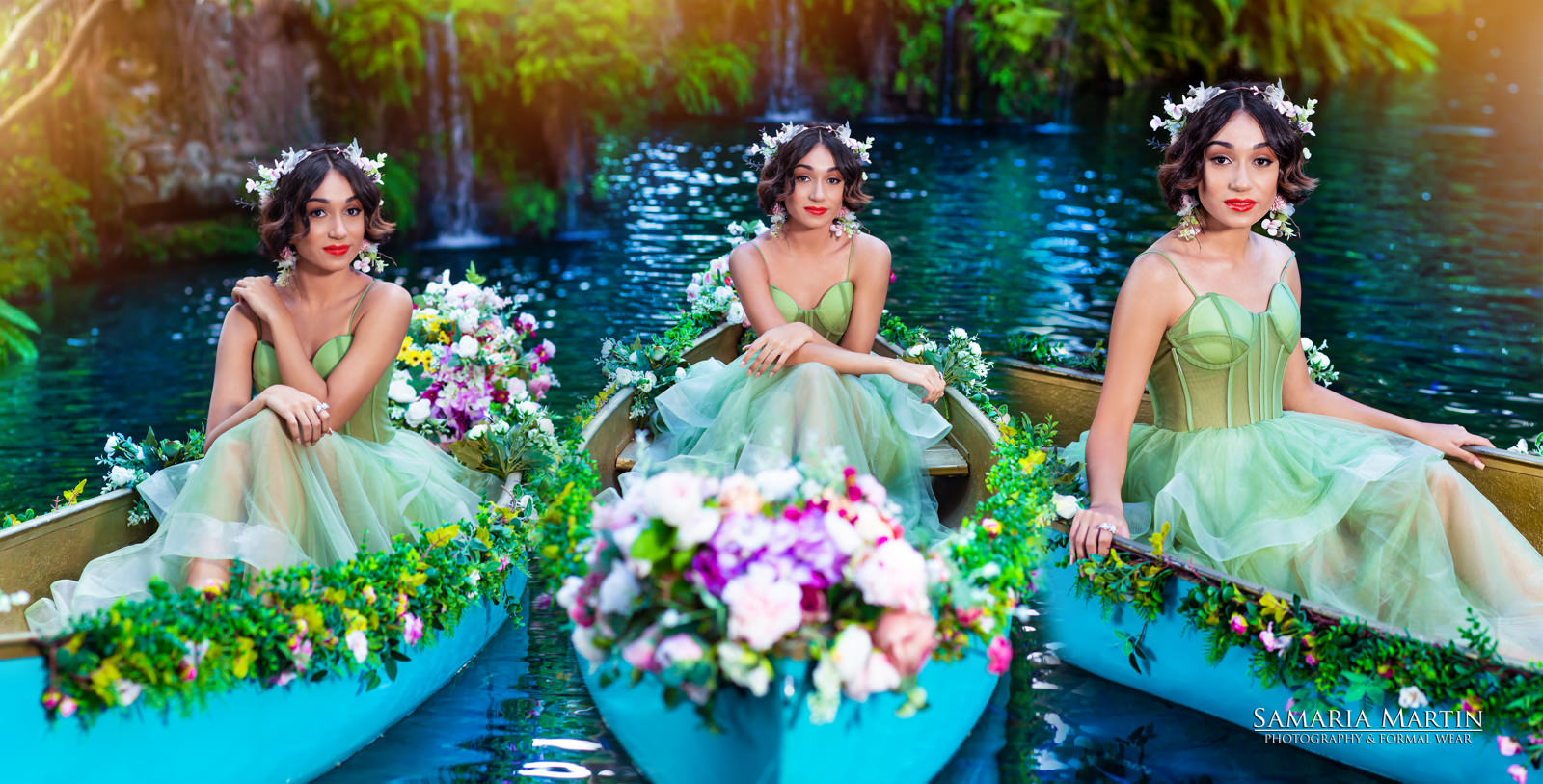15 photoshoot with flowers, best Tampa photographer, Samaria Martin, green quinceanera dresses, Marys Bridal, Villa Turqueza lake 2