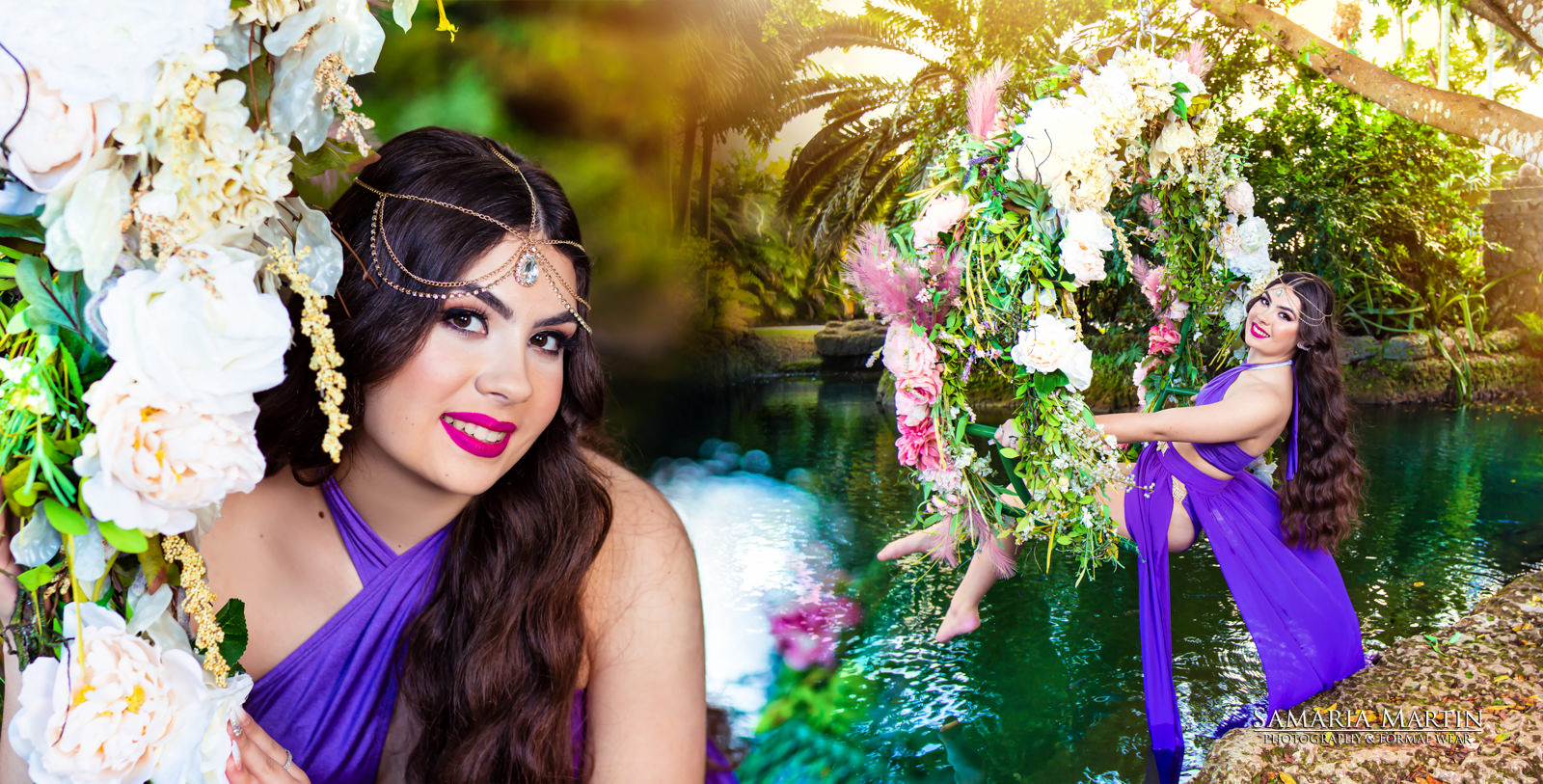 15 photoshoot with flowers, best Tampa photographer, Samaria Martin, purple quinceanera dresses, Miami Villa Turqueza 1