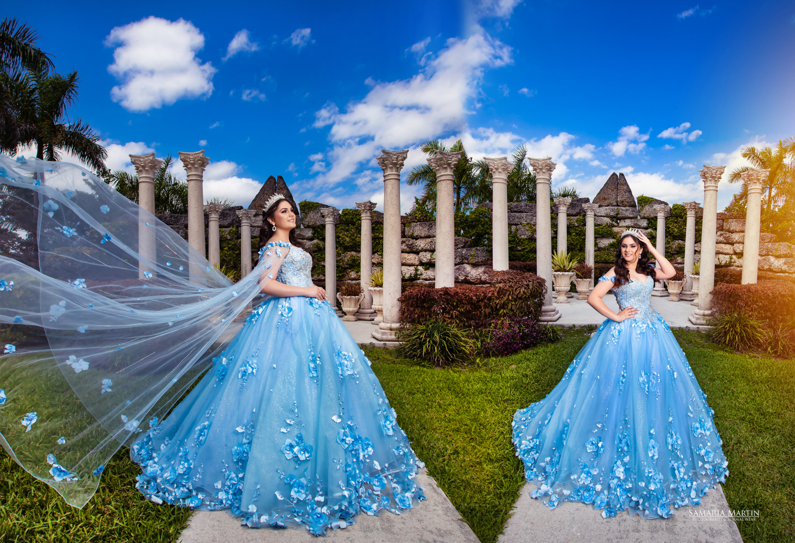 Photo shoot at villa turquea, blue quince dress, miami dress rental, where to rent a gown