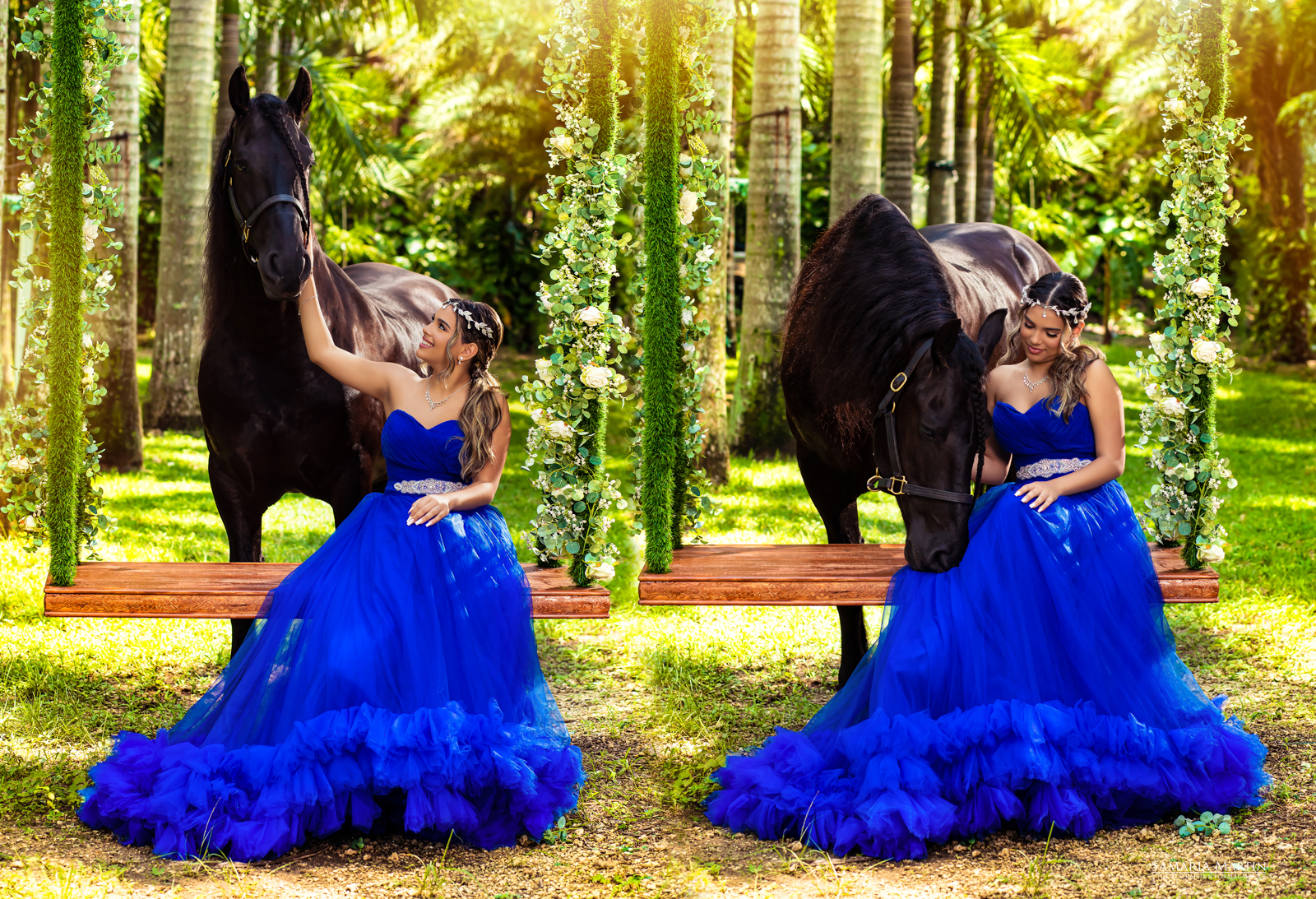 Chic acompanion at Villa Turqueza. Elegant horses for a Timeless Quince Photoshoot 
