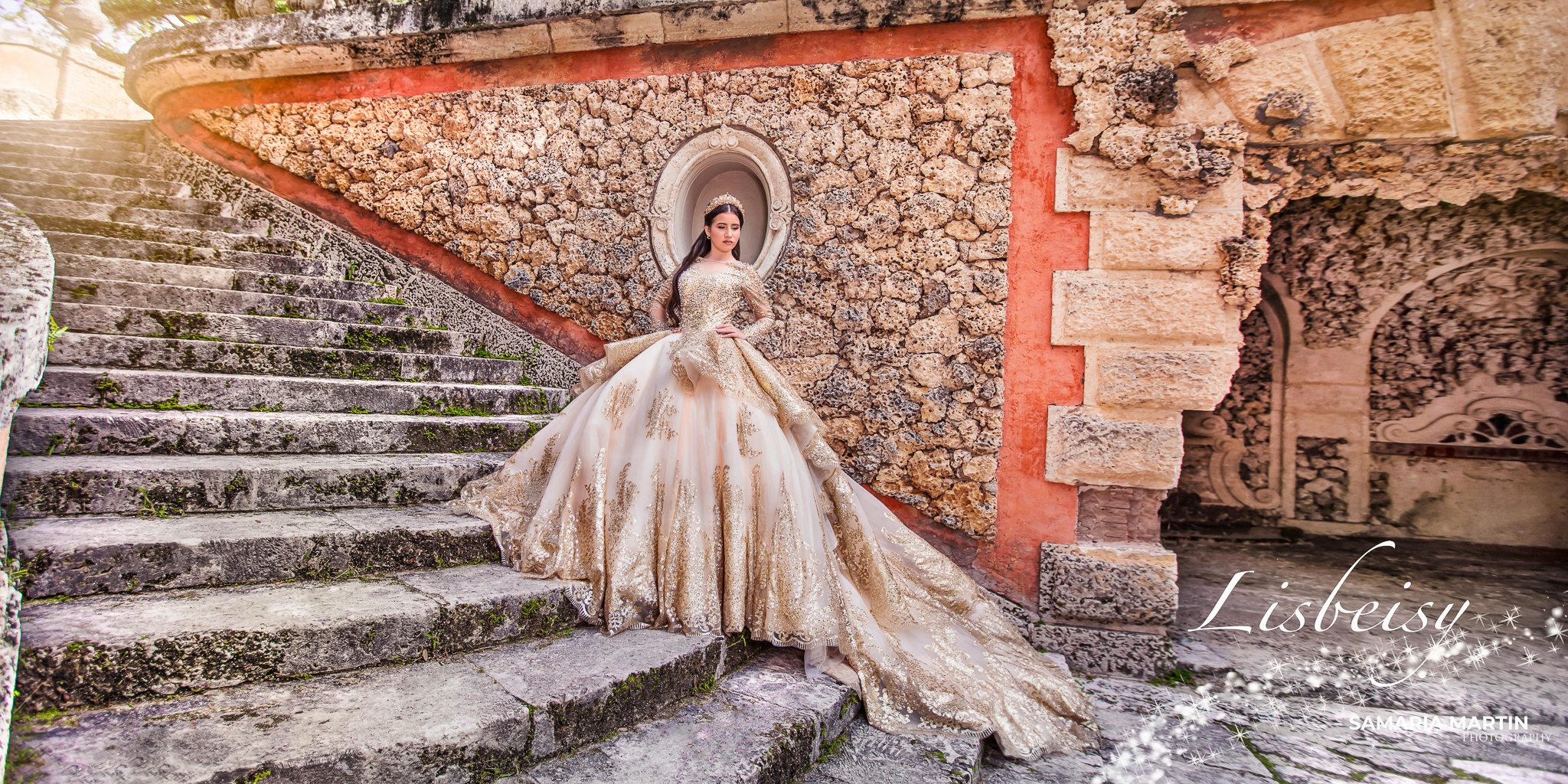 Locations. Quinceanera posing at Vizcaya Museum with Champagne Dress Rental