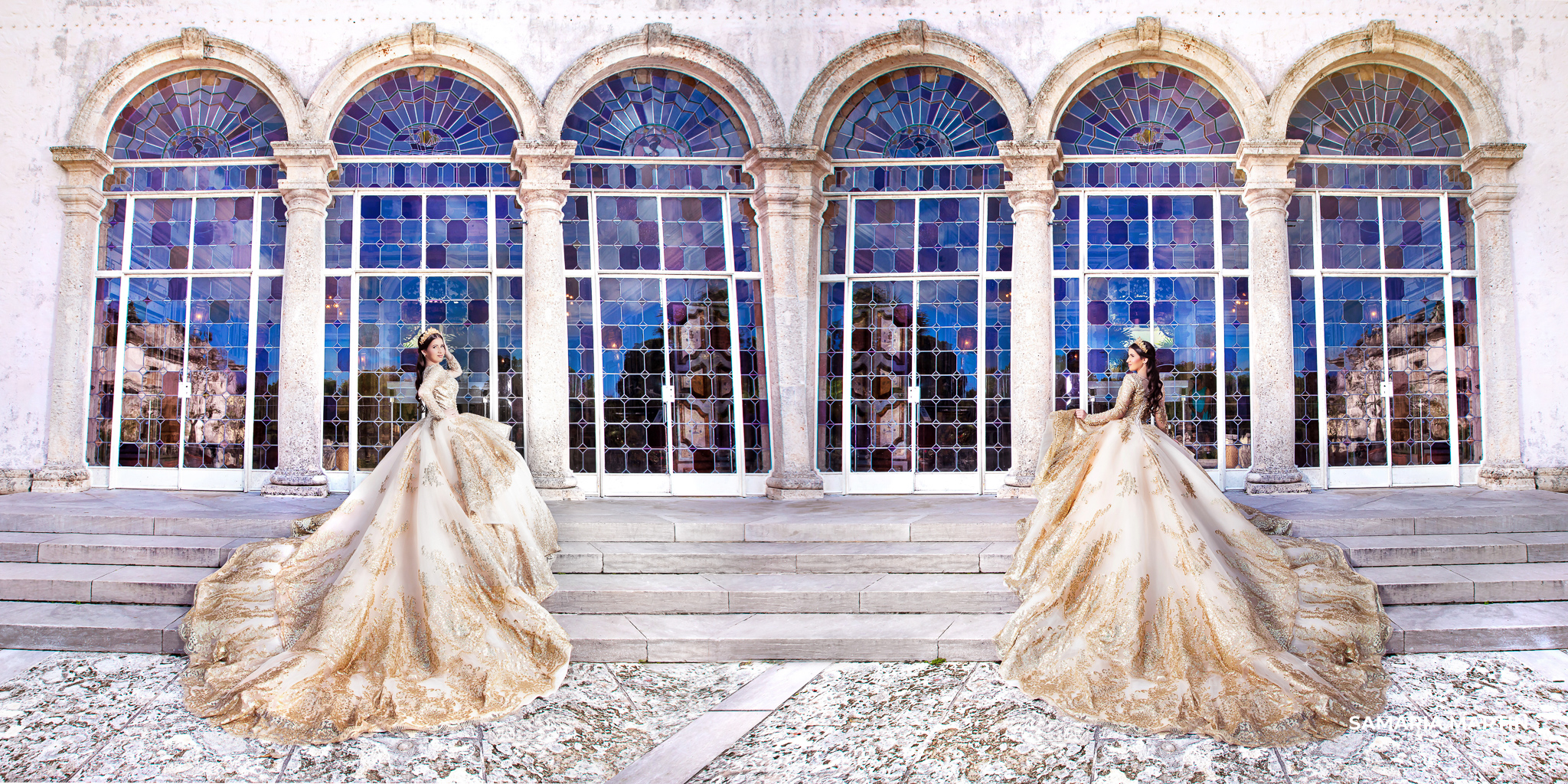 Quinceanera at Vizcaya Museum with champagne dress