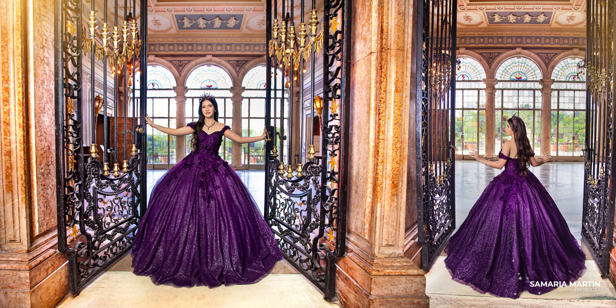 Locations. Quinceanera holding Vizcaya Museum interior gate 