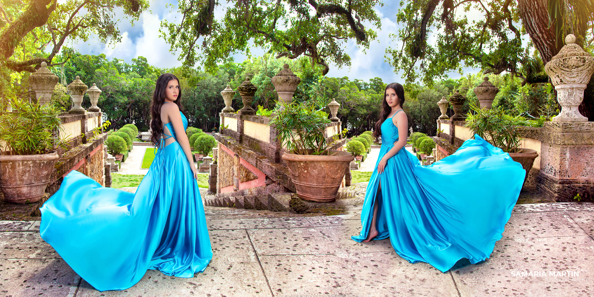 Locations. Quinceanera wearing a Blue Dress with Flying effect 